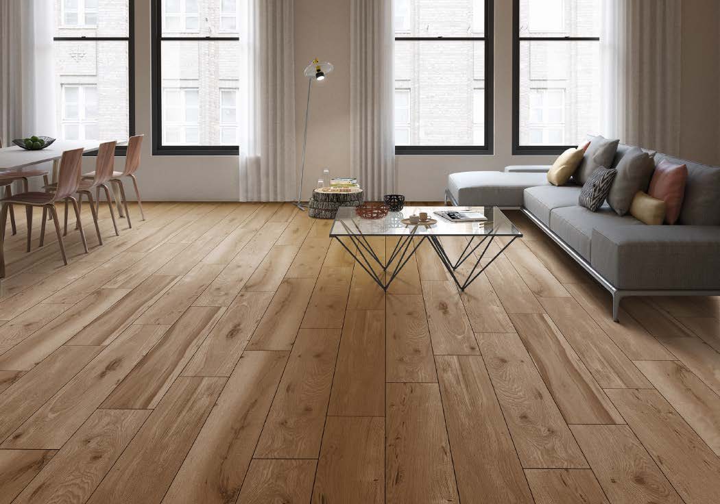 Living con piso de porcelanato símil madera Ilva Ecowood