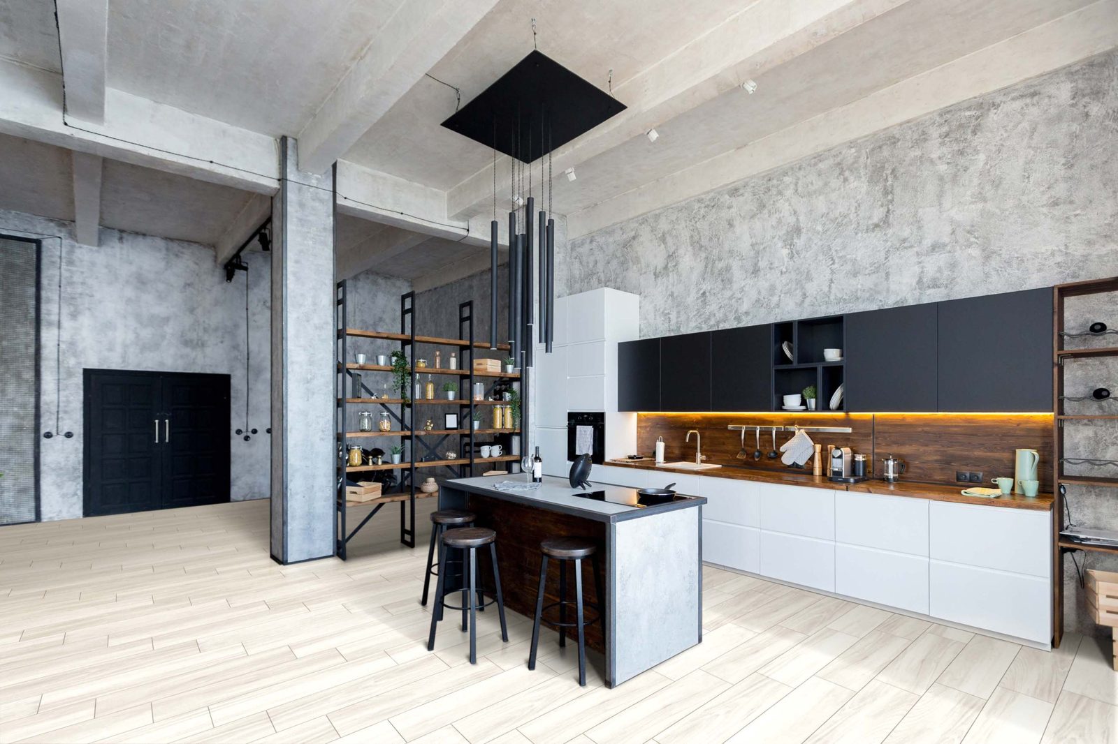 Cocina con piso de madera gris Ilva Home Wood