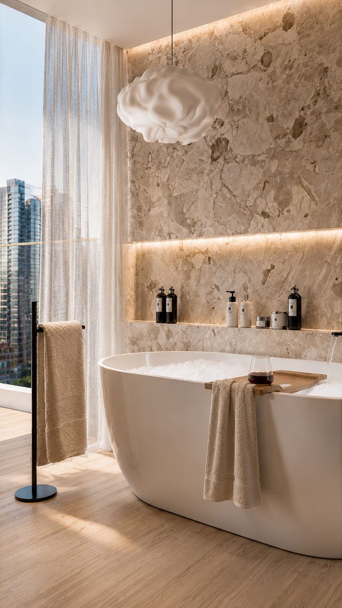 Baño con bañera en lámina SPL Terrazo Creme