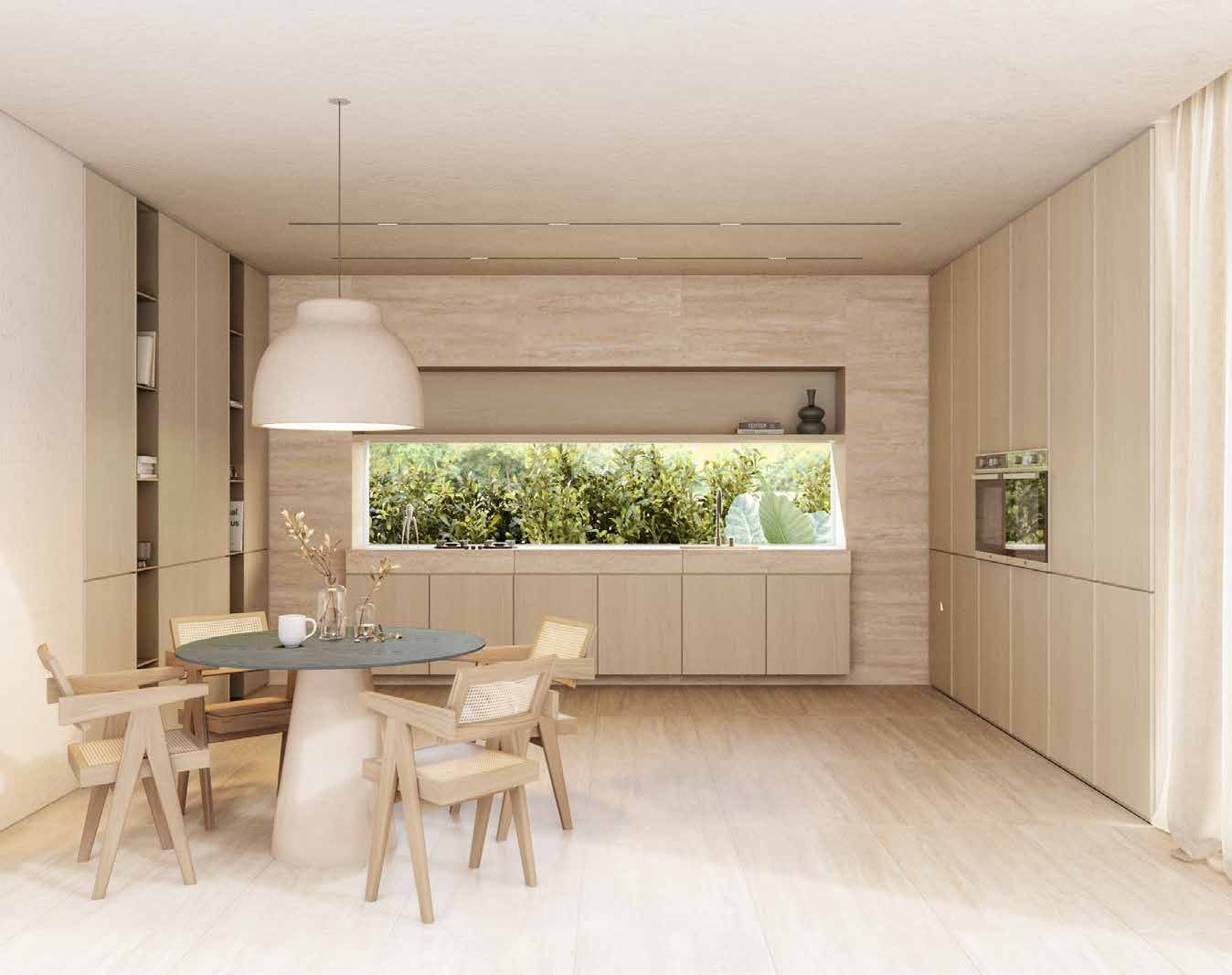 Comedor con piso de porcelanato Ilva Travertino Beige