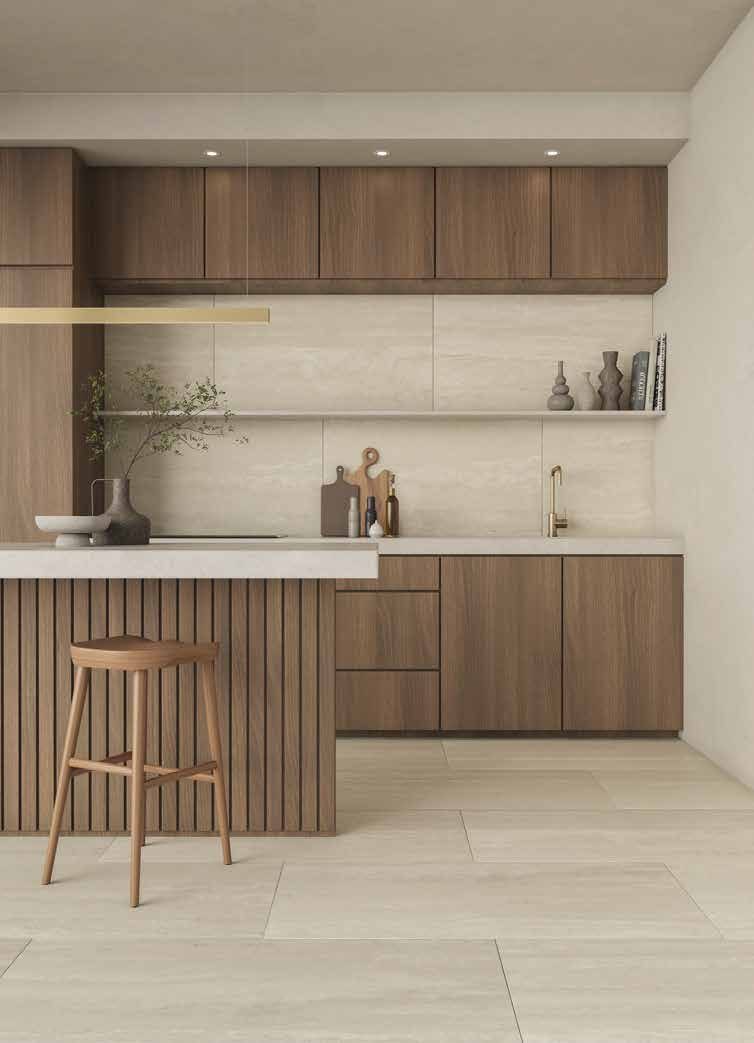 Cocina con piso de porcelanato Ilva Travertino White