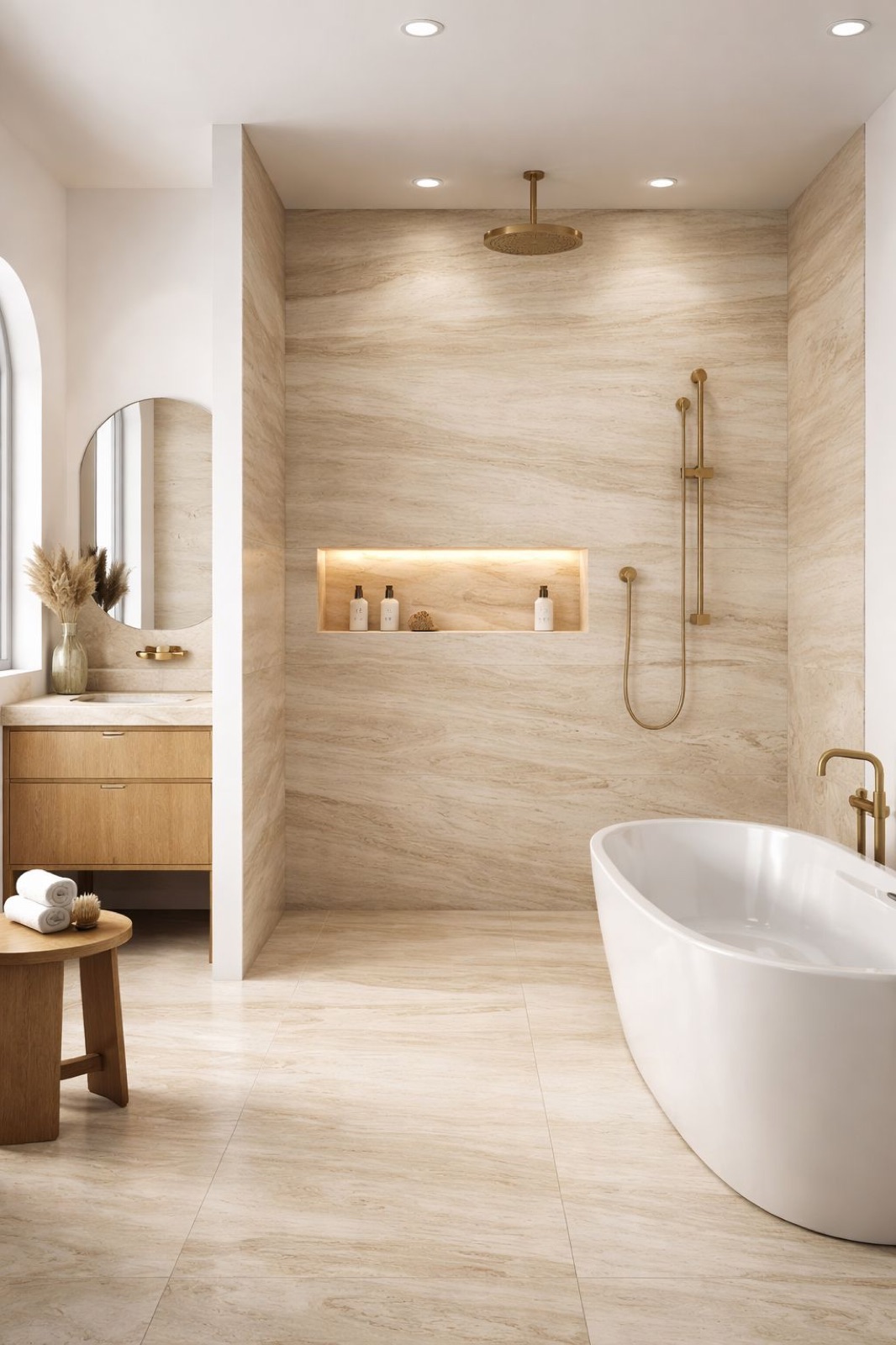 Baño revestido en lámina SPL Travertino Original